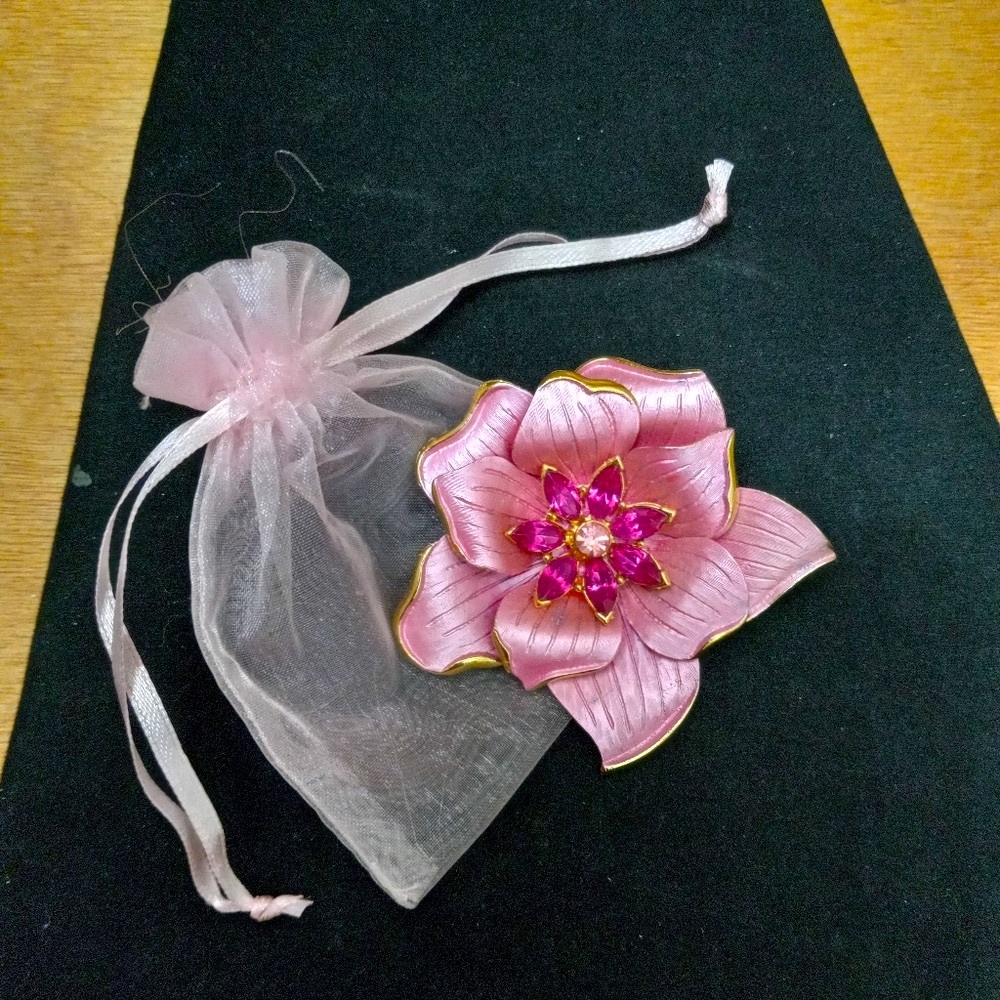 Pink Enamel and Rhinestone Flower Brooch - Picture 1 of 12